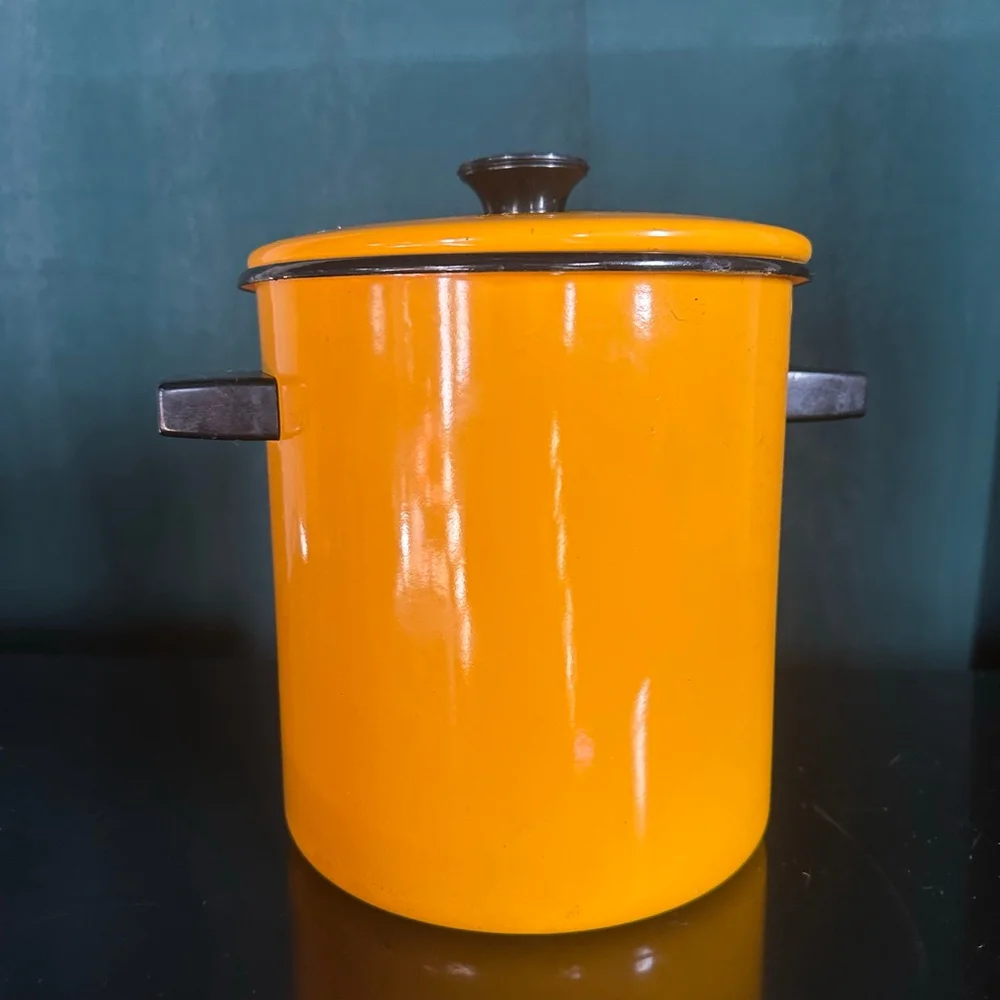 Vintage MCM Enamelware Vegetable Stock Pot Enamel Yellow Corn Asparagus Broccoli